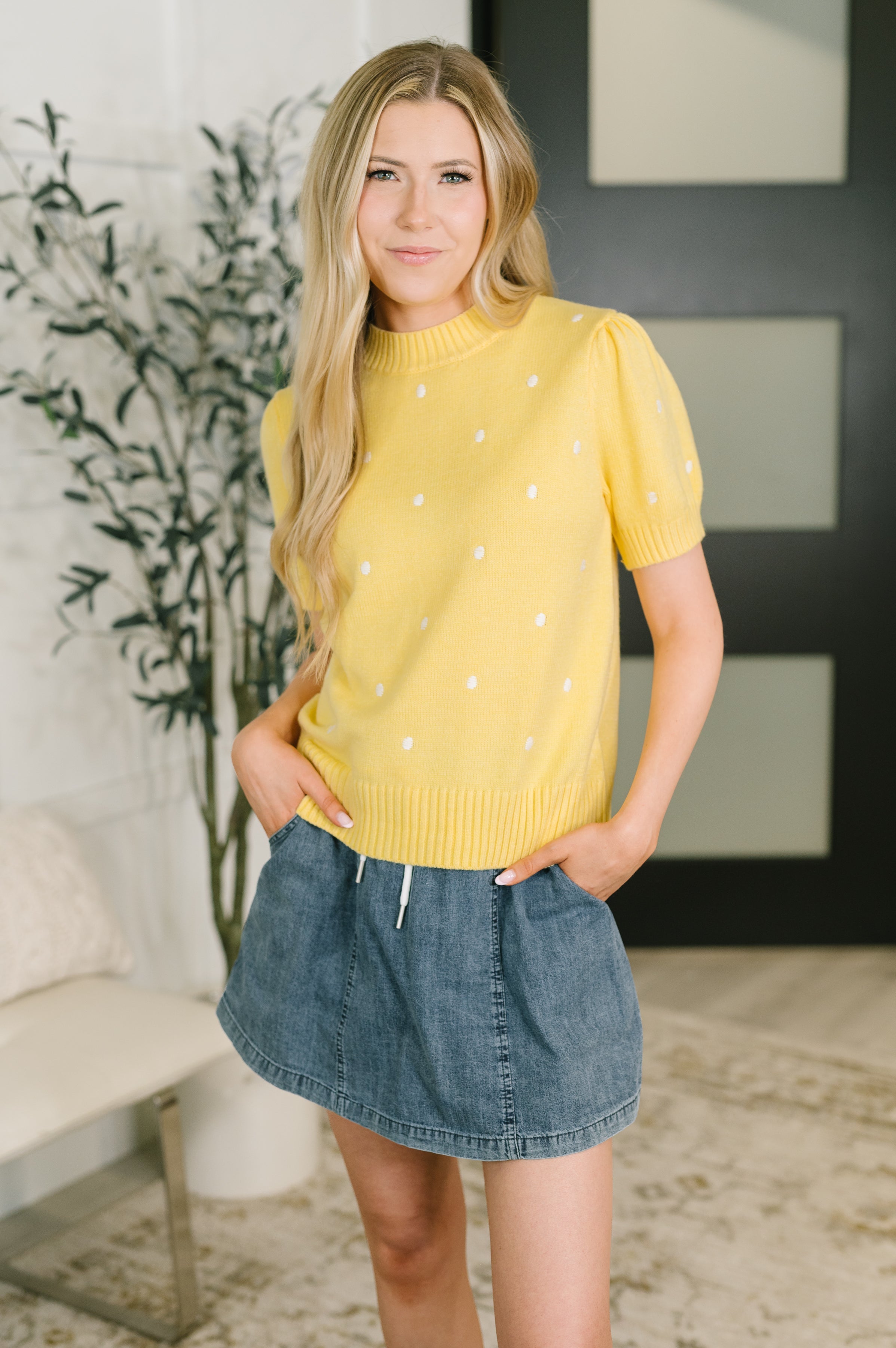 Yellow sweater knit, embroidered short sleeve top, high stretch knitwear, women's boutique tops, mock neck sweater, viscose blend knit, feminine gathered shoulder top.