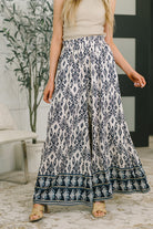 Boho wide leg pants, high waisted flowy trousers, women's bohemian bottoms, printed wide leg pants, summer beach pants, non-stretch woven trousers, chic vacation wear.