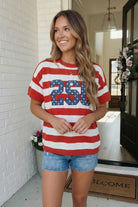 Patriotic sweater, 4th of July outfit, USA knit top, red white and blue shirt, 250th anniversary apparel, cotton summer sweater, American flag clothing, boxy knit top.