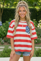 Patriotic knit tee, 4th of July top, American flag shirt, striped cotton sweater, women's summer knitwear, red white and blue top, stars and stripes clothing, casual holiday outfit.