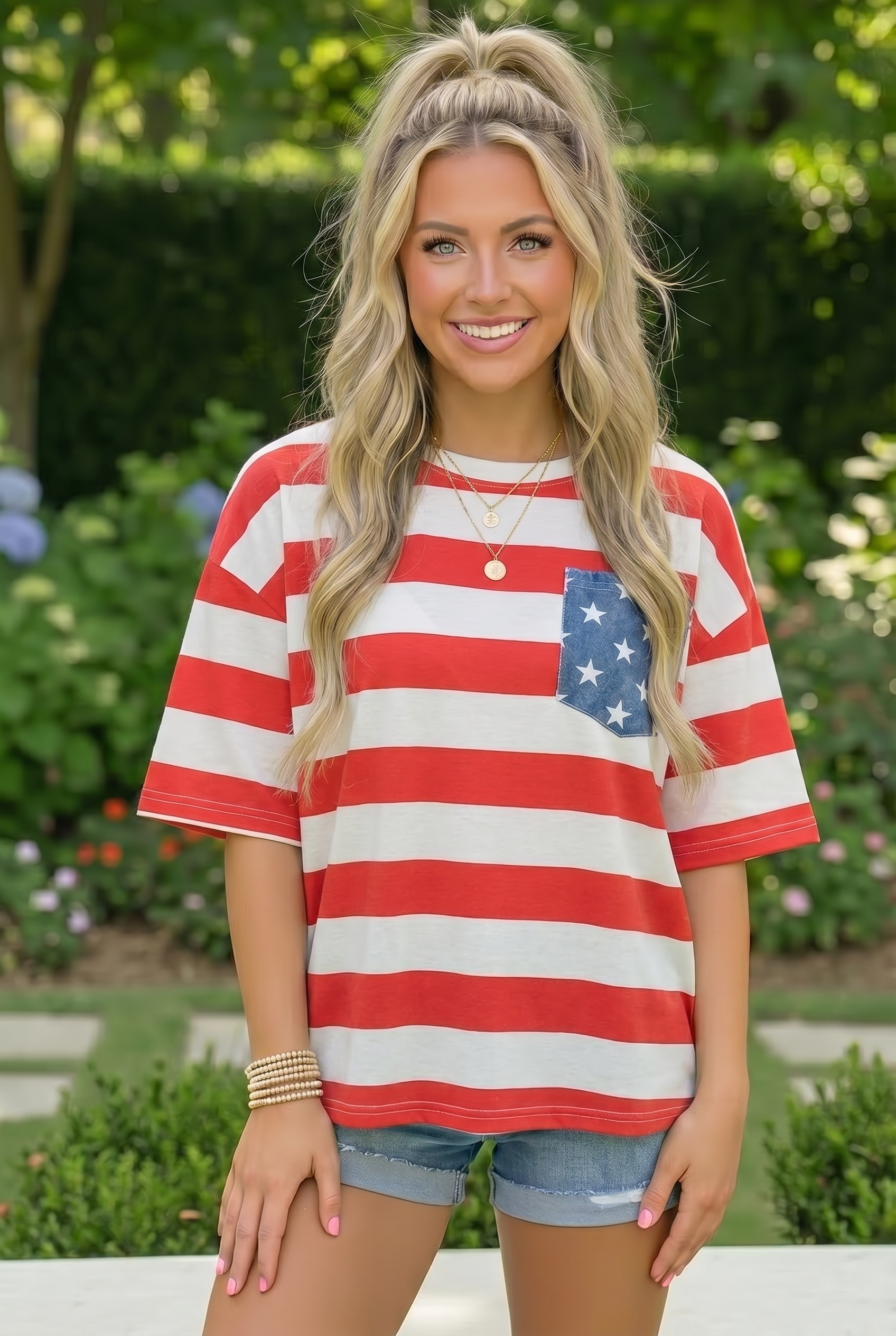 Patriotic knit tee, 4th of July top, American flag shirt, striped cotton sweater, women's summer knitwear, red white and blue top, stars and stripes clothing, casual holiday outfit.