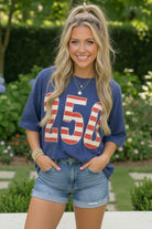 USA 250 shirt, patriotic graphic tee, navy blue oversized top, 4th of July outfit, stars and stripes clothing, women's holiday apparel, 100% cotton patriotic shirt.