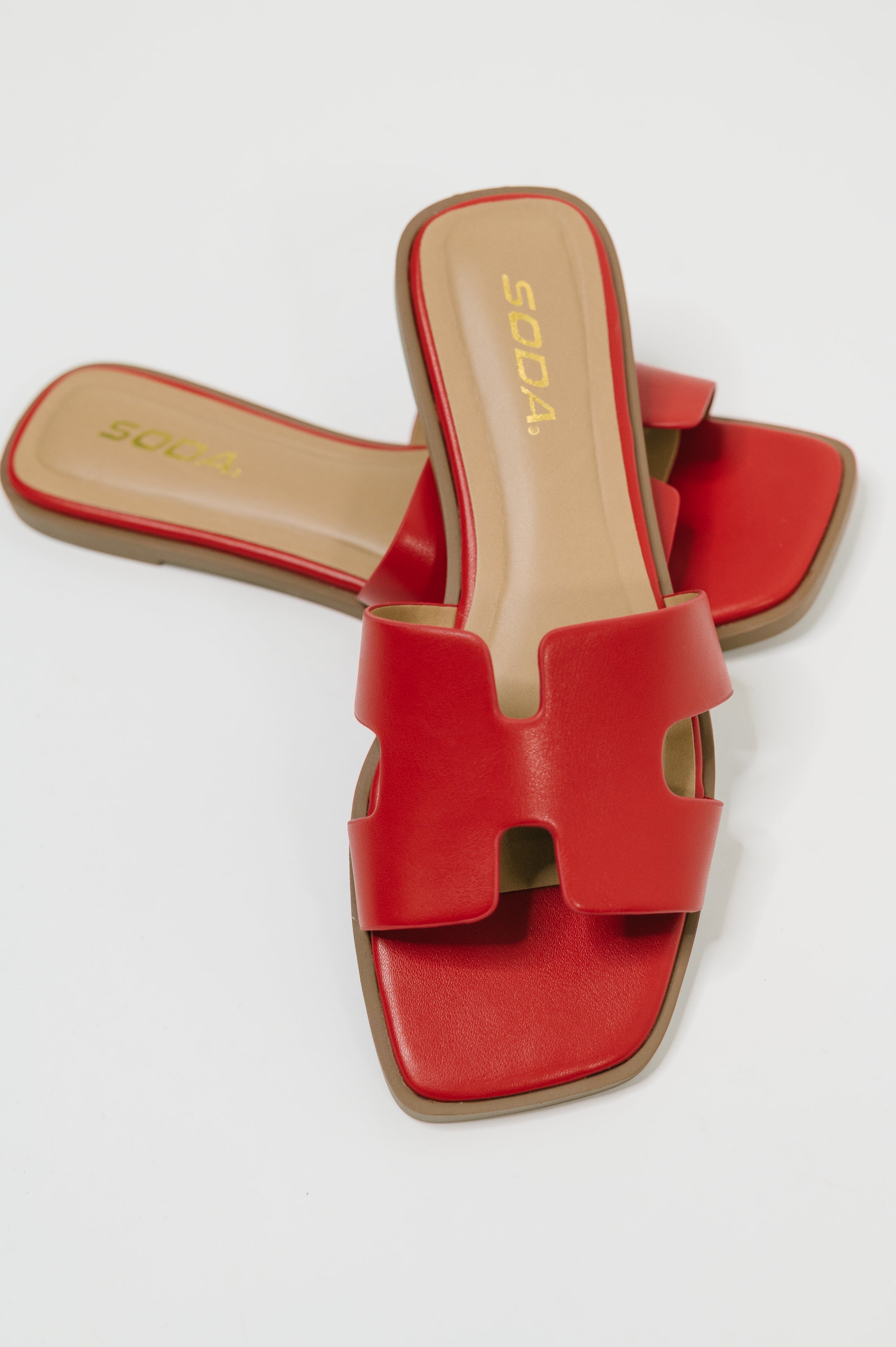 red sandals, square toe slides, PU leather sandals, women's slip on shoes, chic summer footwear, red slip ons, cutout strap sandals, SODA shoes red, comfortable flat sandals
