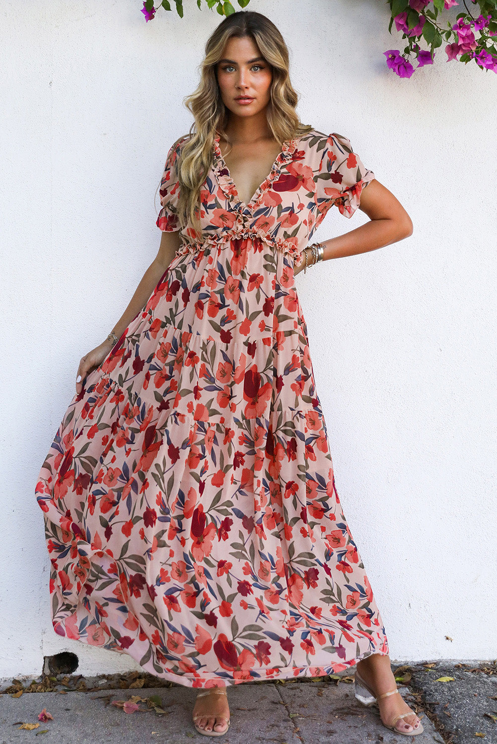 Boho floral dress, V-neck maxi dress, summer floral gown, ruffle maxi dress, wrinkle-resistant dress, breathable floral dress, bohemian chic style, high waist maxi, sky blue floral dress, fiery red maxi.