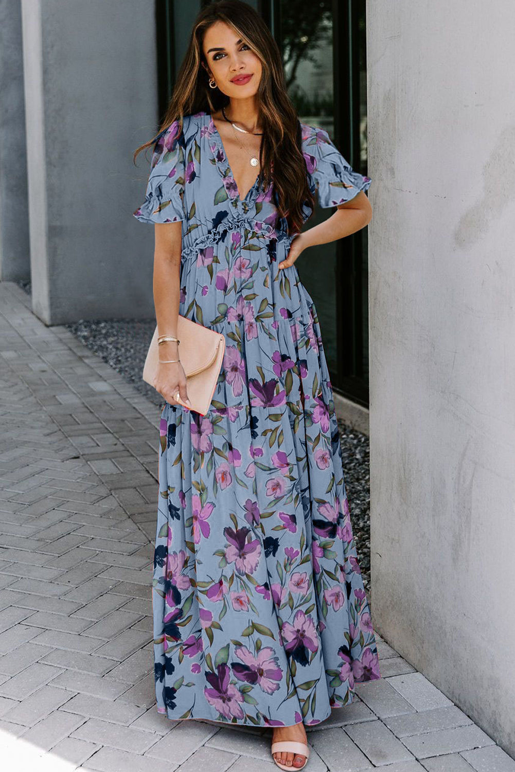 Boho floral dress, V-neck maxi dress, summer floral gown, ruffle maxi dress, wrinkle-resistant dress, breathable floral dress, bohemian chic style, high waist maxi, sky blue floral dress, fiery red maxi.