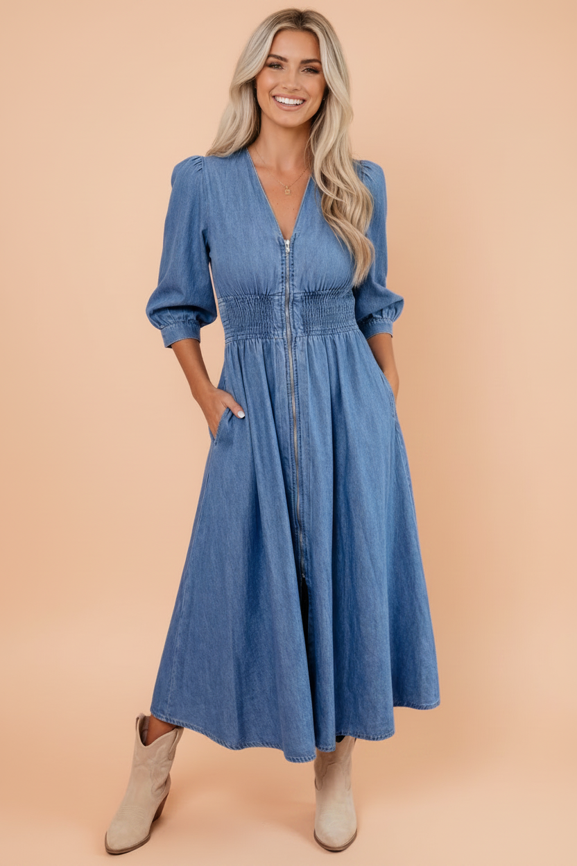 denim midi dress, smocked waist dress, zip front denim dress, puff sleeve denim dress, 100% cotton dress, boutique denim dress, V-neck midi dress