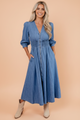 denim midi dress, smocked waist dress, zip front denim dress, puff sleeve denim dress, 100% cotton dress, boutique denim dress, V-neck midi dress