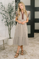 Tiered midi dress, flutter sleeve dress, dress with pockets, v-neck casual dress, crinkle woven dress, boho striped dress, feminine day dress, spring midi dress, women's fashion dress.