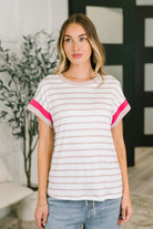 Striped Ribbed Tee, Women's Casual Knit Top, Drop Shoulder T-Shirt, Pink Striped Top, Stretchy Basic Tee, Relaxed Fit Shirt, Ribbed Knit Fashion