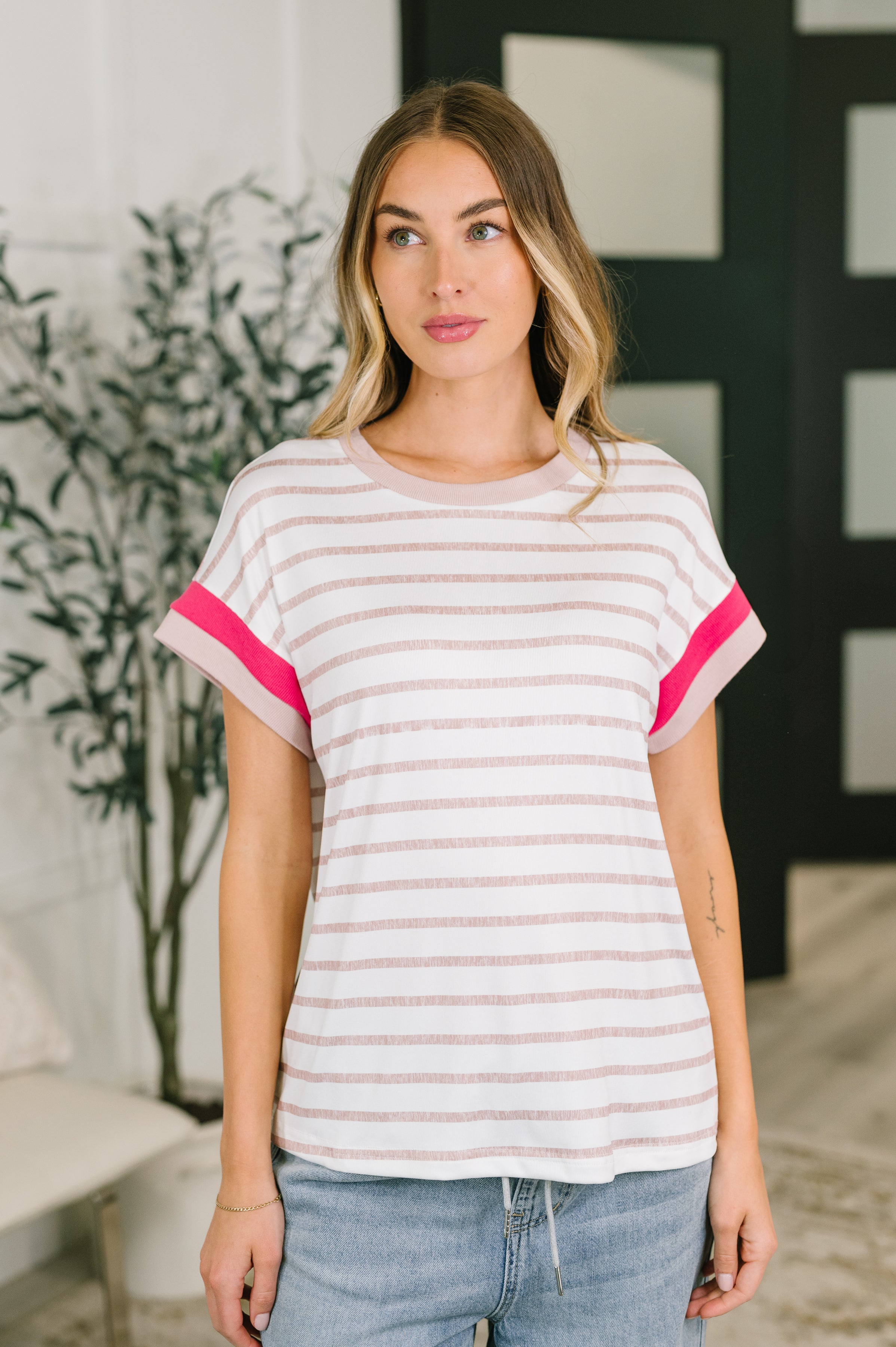 Striped Ribbed Tee, Women's Casual Knit Top, Drop Shoulder T-Shirt, Pink Striped Top, Stretchy Basic Tee, Relaxed Fit Shirt, Ribbed Knit Fashion