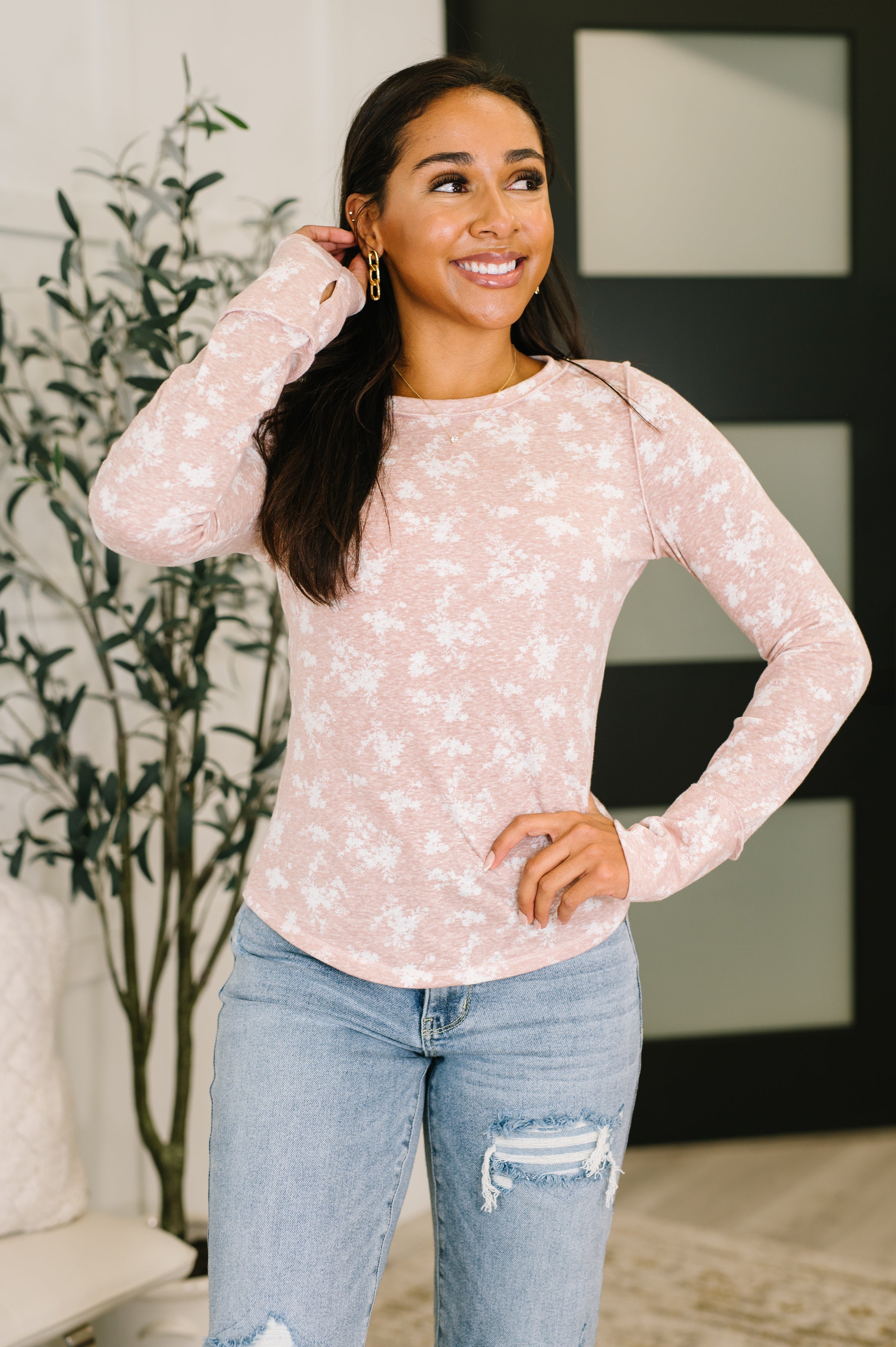 mauve long sleeve top, floral jersey knit, thumb hole shirt, edgy women's tops, sheer layering top, exposed seam shirt, trendy mauve blouse, FabKnits clothing