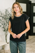 black cotton top, blanket stitch shirt, women's jersey knit top, dolman sleeve blouse, elevated basics, relaxed fit black tee, premium cotton clothing, minimalist chic fashion