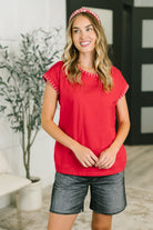 Ruby cotton top, dolman sleeve tee, blanket stitch shirt, relaxed fit jersey top, 100% cotton women's top, red casual blouse, artisanal trim top, breathable summer shirt.