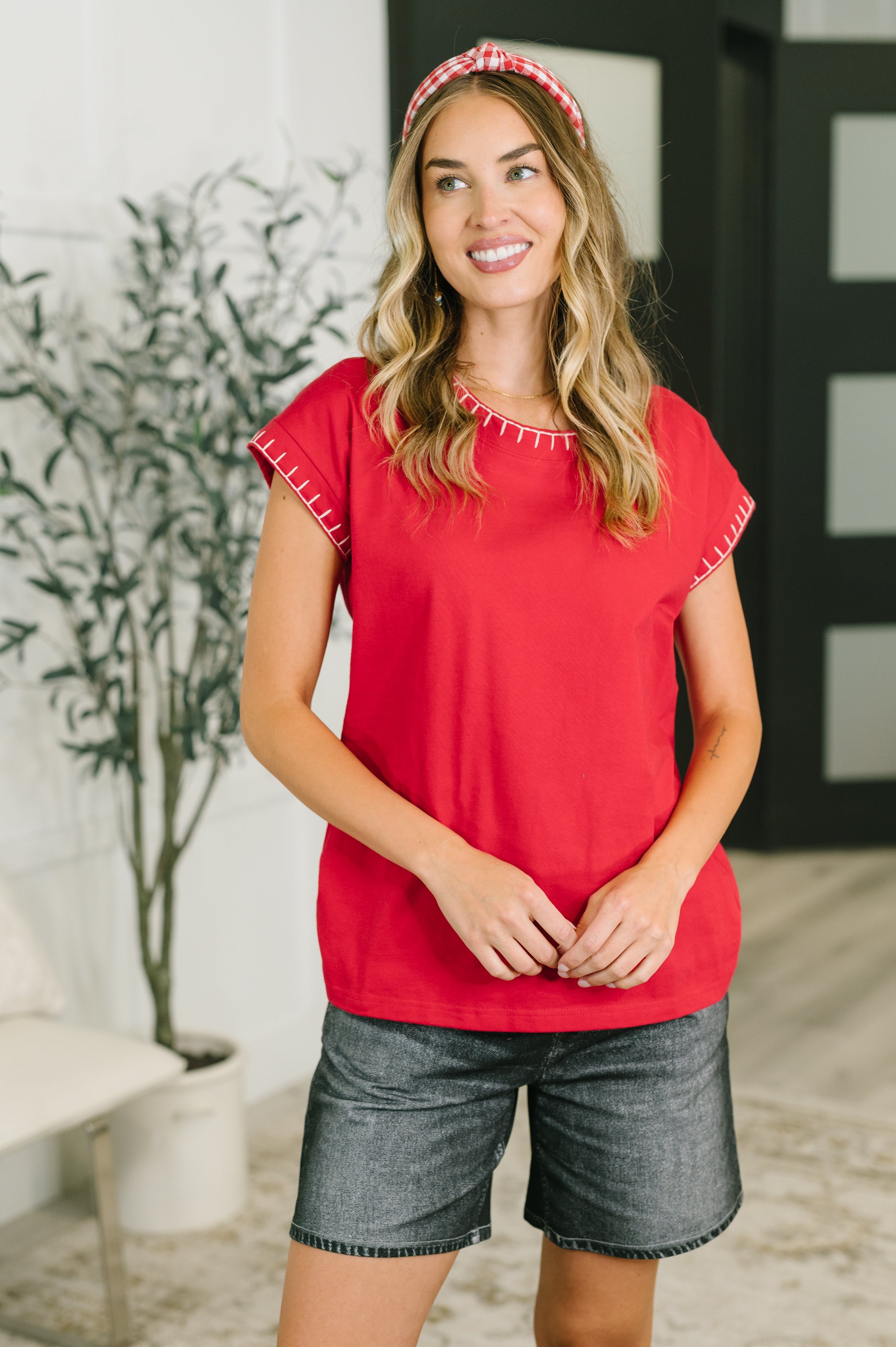 Ruby cotton top, dolman sleeve tee, blanket stitch shirt, relaxed fit jersey top, 100% cotton women's top, red casual blouse, artisanal trim top, breathable summer shirt.