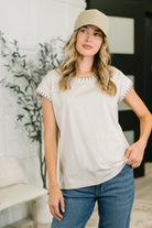 Sand beige top, cotton dolman sleeve, blanket stitch shirt, relaxed fit womens top, jersey knit cotton shirt, neutral everyday fashion, boho trim top, breathable cotton blouse, boutique basics.