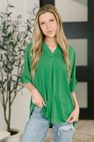 Kelly Green Top, Dolman Sleeve Shirt, Women's Split Neck Top, Breezy Summer Blouse, High Stretch Bulgari Top, Loose Fit Green Top, Casual Chic Apparel