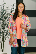 Floral cardigan, pink orange cardigan, lightweight summer layer, wrinkle resistant clothing, Bulgari fabric cardigan, women's open front cardigan, floral abstract jacket, travel-friendly cardigan.