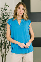 Lizzy Flutter Sleeve, Aqua V-neck Blouse, Women's Hi-Low Top, Bulgari Fabric Clothing, Casual Dressy Aqua Shirt, Summer Flutter Sleeve Top, Wrinkle-Free Women's Blouse