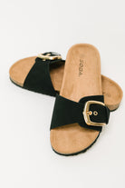 Black slip-on sandals, women's buckle slides, cork sole sandals, nubuck leather slides, gold buckle footwear, comfortable summer sandals, casual chic slides, Fabknits footwear.