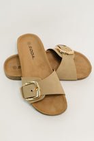 Taupe slip-on sandals, buckle slide sandals, cork sole sandals, women's casual footwear, taupe nubuck sandals, comfortable summer slides, gold buckle sandals.