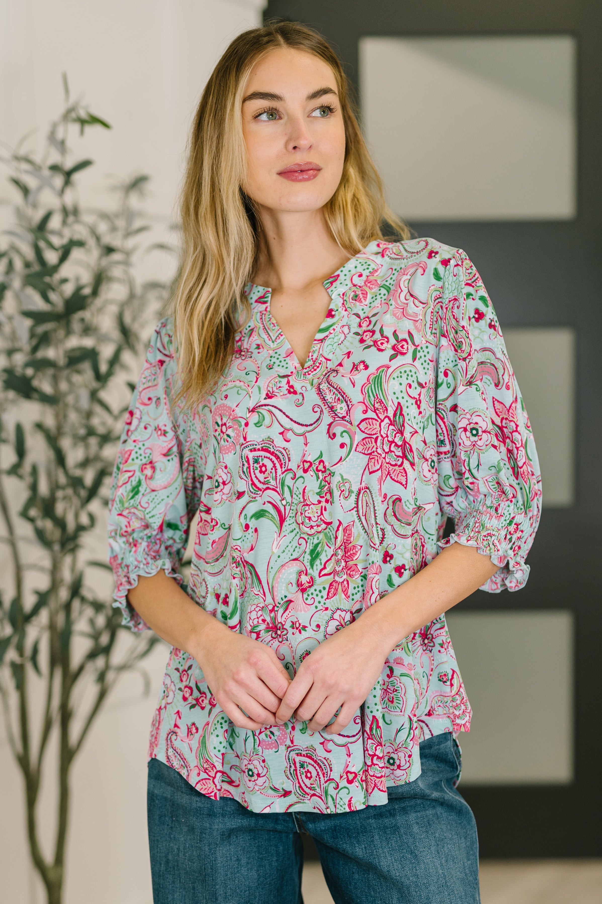 floral paisley top, mint and pink blouse, women's smock top, Bulgari fabric shirt, V-neck floral top, casual dressy blouse, stretchy floral top, pink paisley smock
