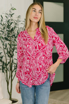 Pink paisley top, women's 3/4 sleeve blouse, Bulgari fabric shirt, V-neck tunic, roll-tab sleeve top, pink floral blouse, comfortable work tops for women, wrinkle-resistant blouse, scoop hem shirt, Lizzy top pink paisley.
