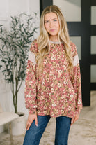 textured knit top, floral cable knit, ribbed long sleeve, relaxed fit top, women's cozy apparel, exposed seam sweater, floral texture shirt, boutique knitwear