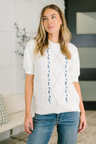 Puff sleeve sweater, cable knit top, short sleeve knitwear, women's stretch sweater, chic cable knit, cottagecore style, versatile spring knit.