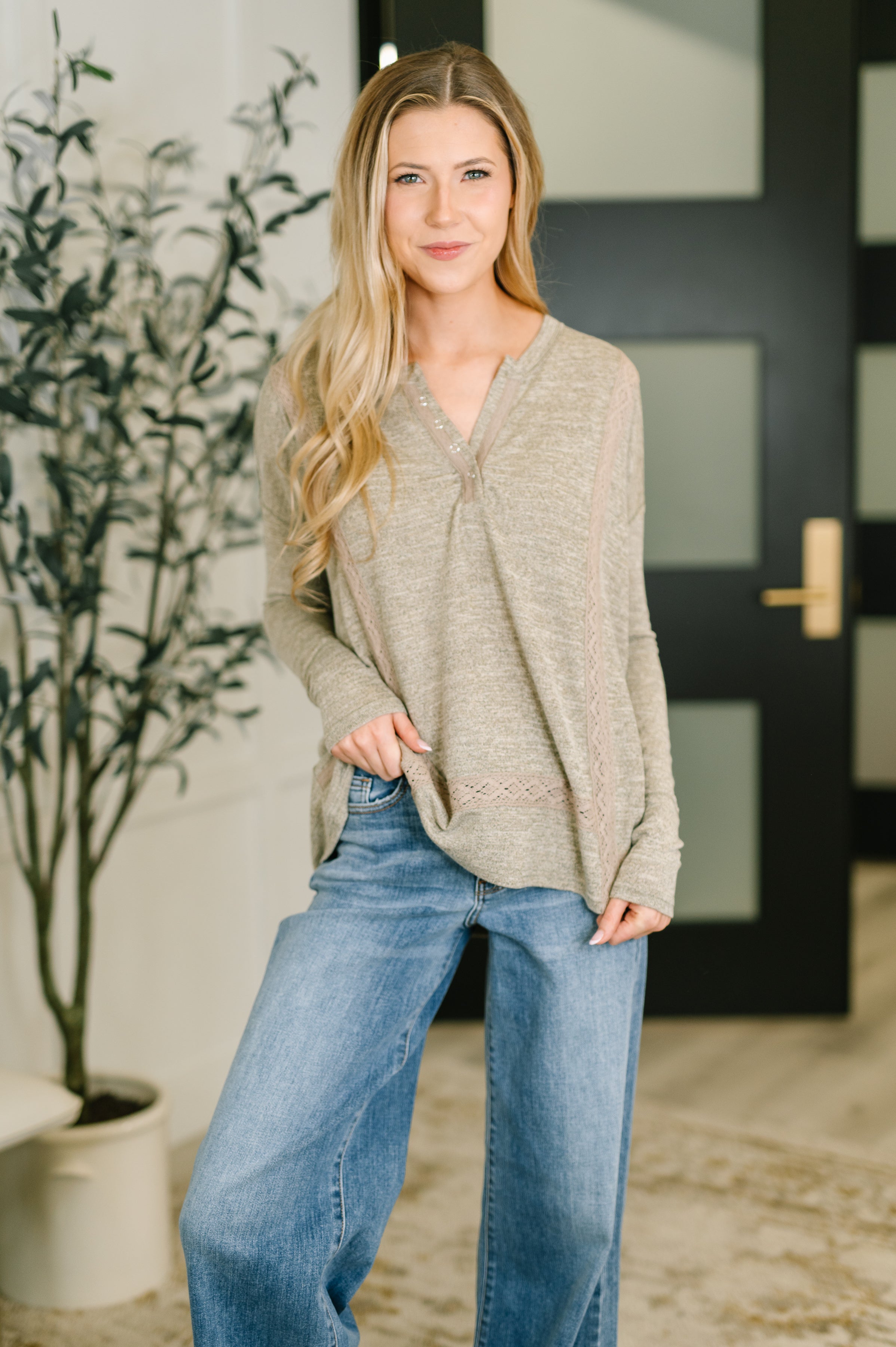 Taupe Henley top, lace accent knit, lightweight women's top, relaxed fit V-neck, boho casual style, stretch knit sweater, long sleeve taupe shirt, drop shoulder top