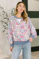 floral pullover, women's floral sweatshirt, French terry top, drop shoulder pullover, cable knit trim, casual floral top, high stretch sweatshirt, boutique floral sweater