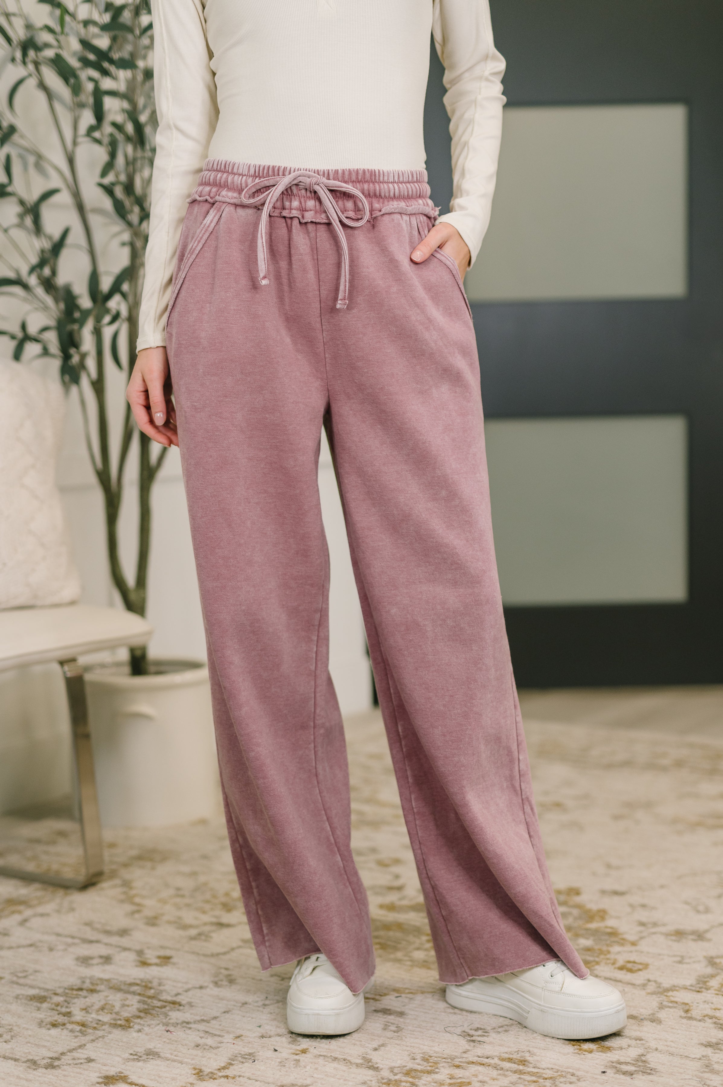 palazzo sweats, high waisted sweatpants, light rose loungewear, wide leg sweats, mineral wash pants, fleece lounge pants, women's boho sweats, pink wide leg joggers