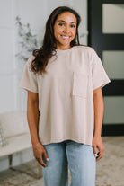 ash mocha tee, textured boxy shirt, cable ribbed knit top, women's relaxed fit tee, drop shoulder t-shirt, neutral everyday top, comfortable stretch knit