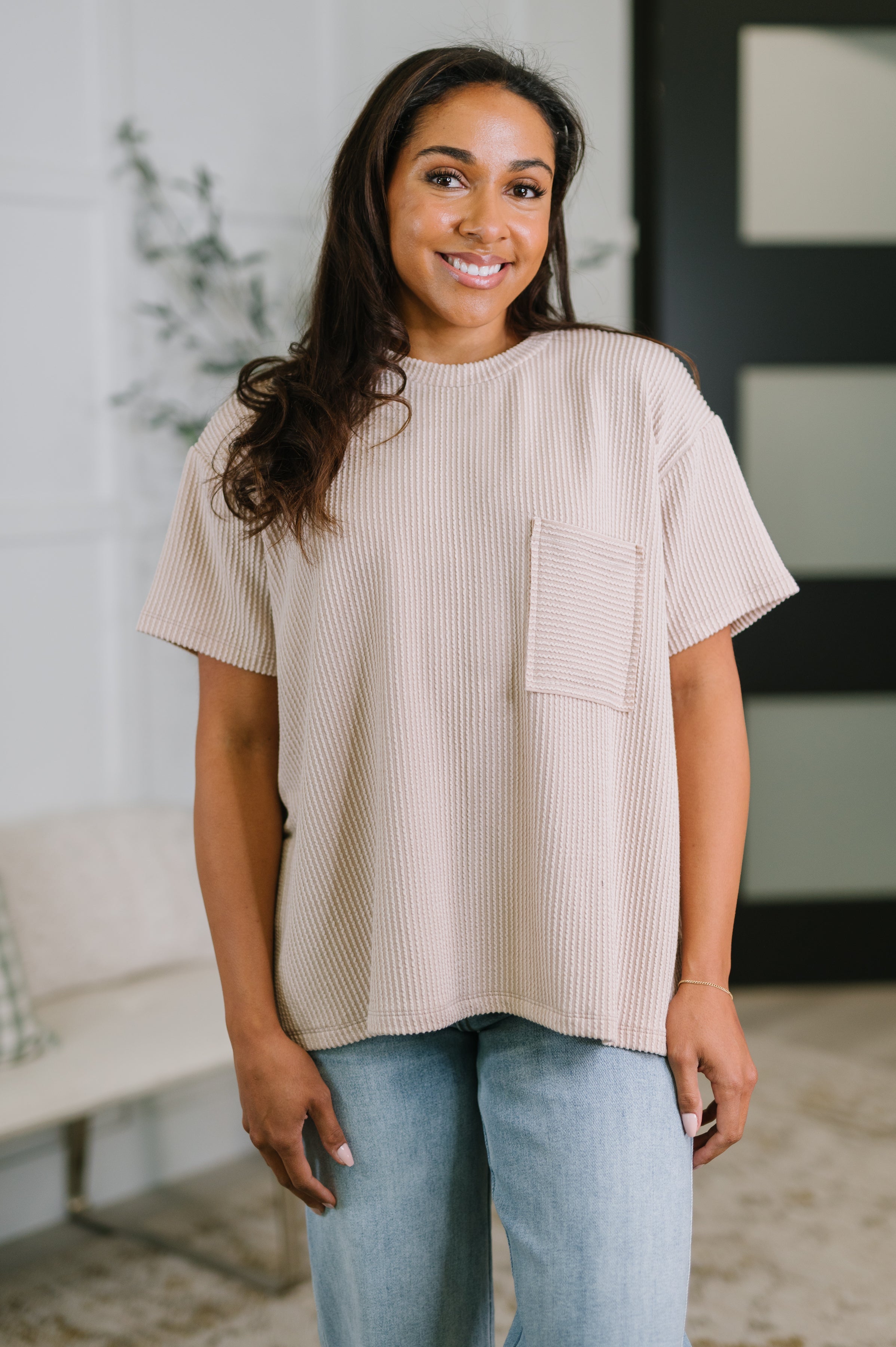 ash mocha tee, textured boxy shirt, cable ribbed knit top, women's relaxed fit tee, drop shoulder t-shirt, neutral everyday top, comfortable stretch knit