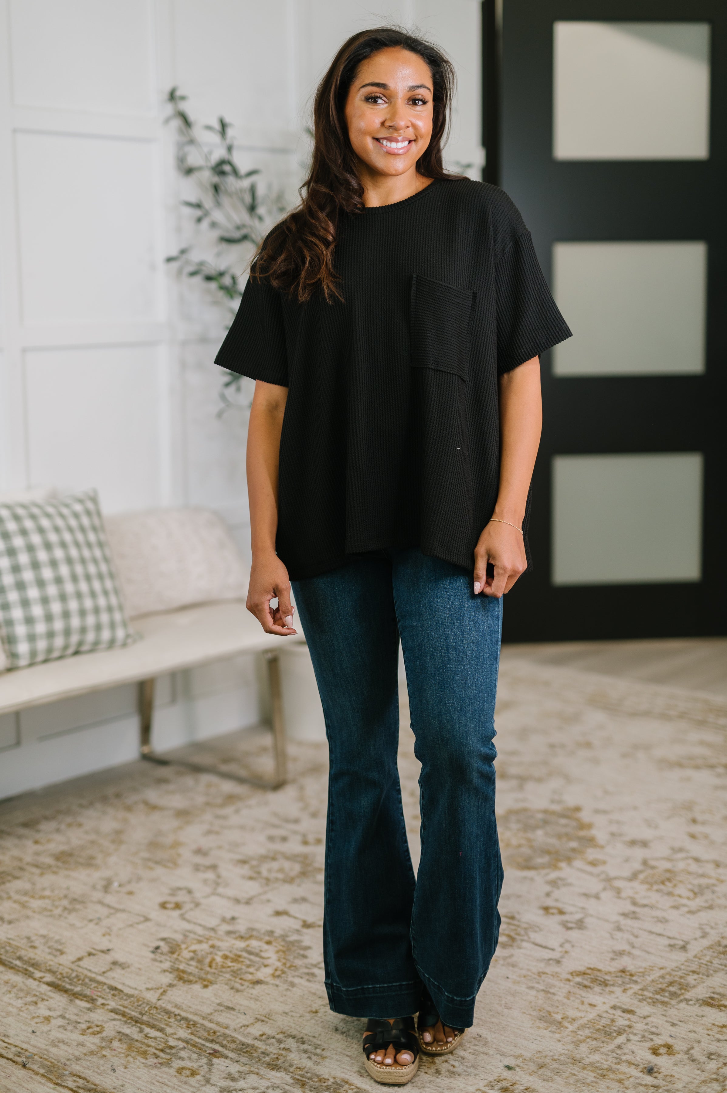 Boxy tee, black ribbed top, textured short sleeve, women's oversized shirt, cable knit tee, comfortable black top, drop shoulder tee, effortless style.