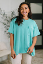 Turquoise boxy tee, cable ribbed knit top, women's textured shirt, relaxed fit pocket tee, drop shoulder summer top, high stretch boxy shirt, turquoise casual basics.