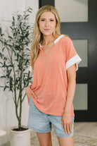Coral sweater top, lightweight knit top, women's short sleeve sweater, V-neck knit shirt, cable ribbed top, sheer layering top, summer knitwear, coral V-neck top