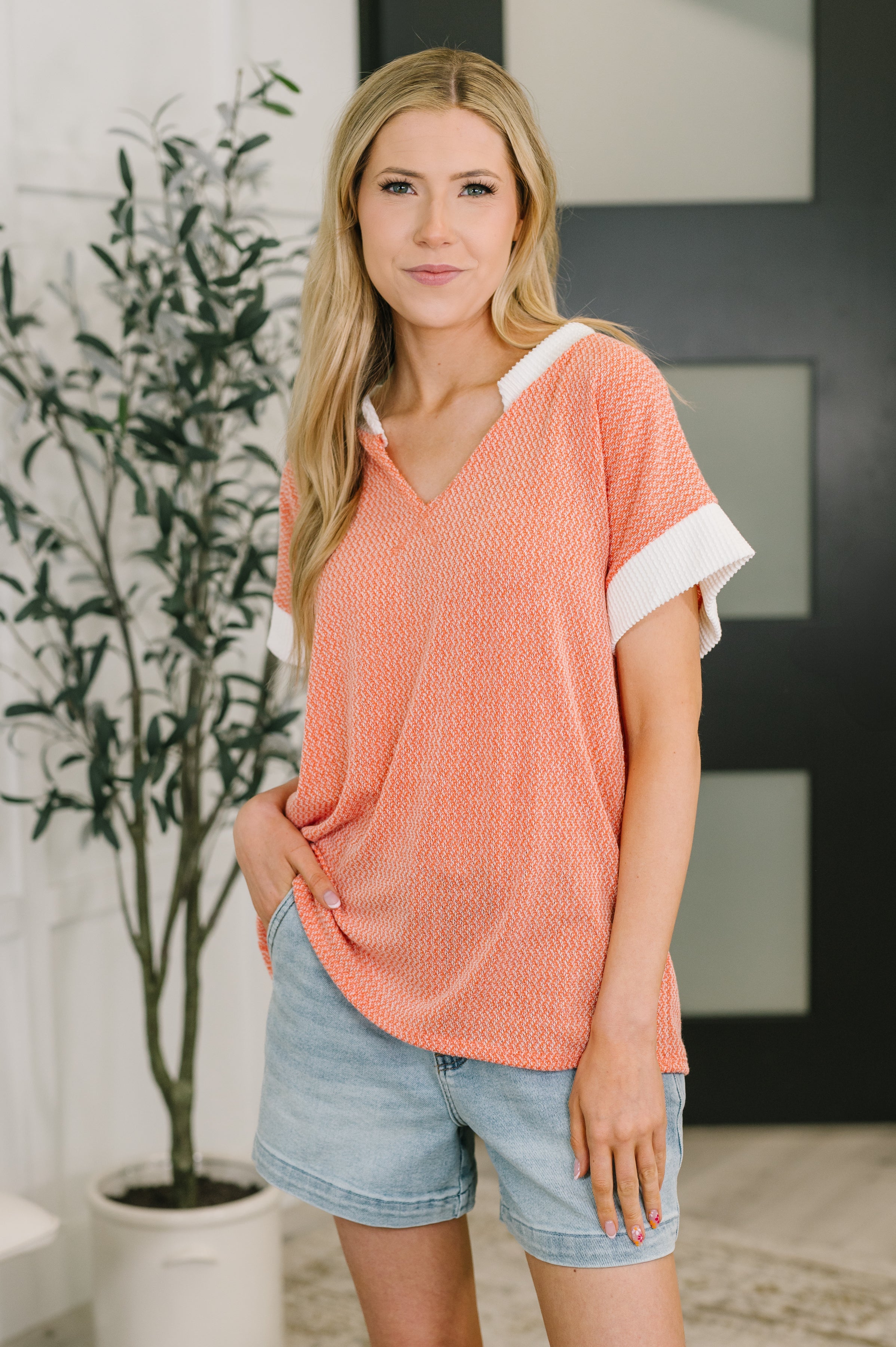Coral sweater top, lightweight knit top, women's short sleeve sweater, V-neck knit shirt, cable ribbed top, sheer layering top, summer knitwear, coral V-neck top