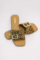 leopard print sandals, square toe slides, women's buckle sandals, leopard slides, micro suede footwear, animal print flats, summer slip-on sandals, trendy leopard slides