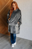 Gray oversized velour blanket hoodie with sherpa lining, featuring a hooded neckline and spacious fit.