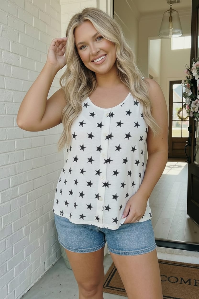 Plus size tank tops, star print top, button front tank, summer sleeveless top, flowy plus size top, women's star shirt, breathable summer wear, plus size fashion, white star tank.