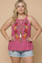 Fuchsia Halter Top, Boho Floral Embroidery, Greek Key Print Top, Summer Rayon Blouse, Festival Fashion, Women's Boho Clothing, Pink Embroidered Top, Tassel Halter Top, Lightweight Summer Top