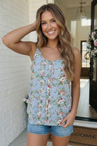 blue floral tank top, women's summer camisole, button front tank, swing silhouette top, light blue floral cami, adjustable strap tank, brunch outfits for women, breezy summer tops