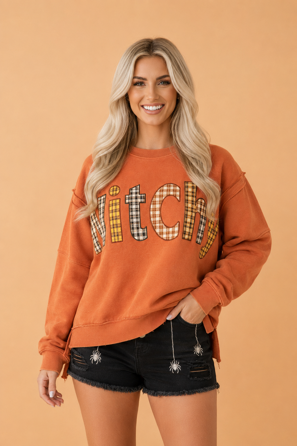 Halloween sweatshirt, witchy aesthetic clothing, plaid patchwork top, exposed seam sweatshirt, burnt orange autumn sweater, spooky season apparel, women's fall fashion.
