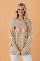 Floral embroidered sweater, oversized knit top, "Hello" script sweater, beige longline knitwear, feminine casual sweater, cotton blend knit, aesthetic cottagecore sweater, lightweight loose fit sweater.