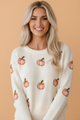 pumpkin sweater, embroidered holiday knit, women's fall sweater, Thanksgiving outfit, Halloween ribbed sweater, festive knitwear, autumn fashion, cozy white sweater