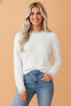 Lace trim sweater, fuzzy knit top, women's crewneck sweater, elegant knitwear, white fuzzy sweater, patchwork sweater, chic winter tops, viscose blend sweater.