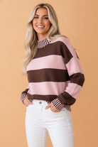 Striped mock neck sweater, women's drop shoulder knit, pink and brown striped sweater, soft viscose blend sweater, chic casual knitwear, oversized striped jumper, fall fashion essentials.