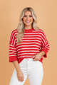 Striped knit top, nautical sweater, drop shoulder top, women's elbow sleeve knit, relaxed fit sweater, red striped top, transitional fashion, chic knitwear, soft stretch knit.