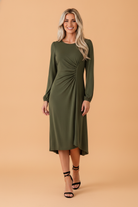 Ruched midi dress, puff sleeve dress, long sleeve midi, elegant cocktail dress, slimming waist dress, versatile day-to-night dress, stretch midi dress, formal brunch attire.