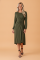 Ruched midi dress, puff sleeve dress, long sleeve midi, elegant cocktail dress, slimming waist dress, versatile day-to-night dress, stretch midi dress, formal brunch attire.